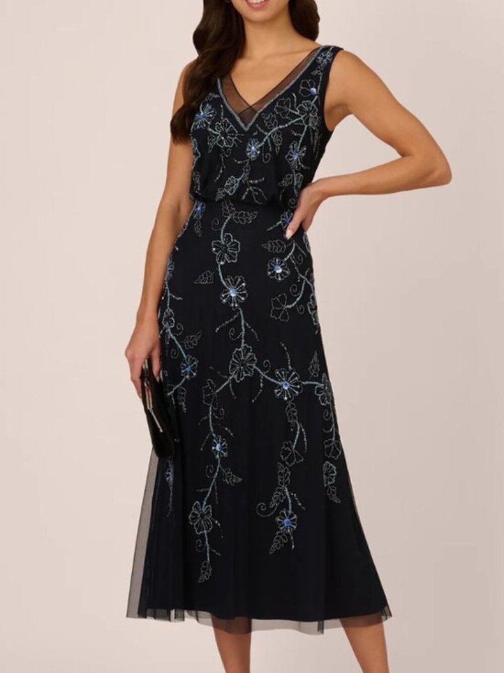 Adrianna Papell Sleeveless Beaded  Floral Blouson Midi Dress In Midnight Multi